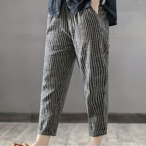 Zara Linen and Cotton Blend Striped Tapered Drawstring Pants in Charcoal Grey an